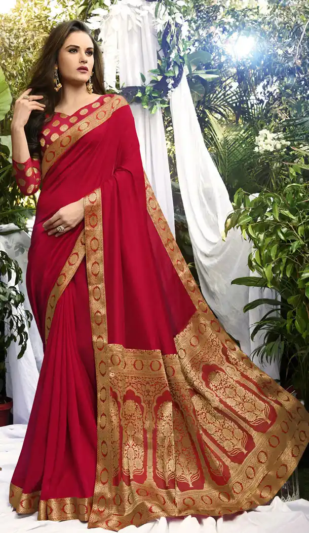 Red Color Vichitra Silk Casual Party Wear Sarees With Blouse - 451355221