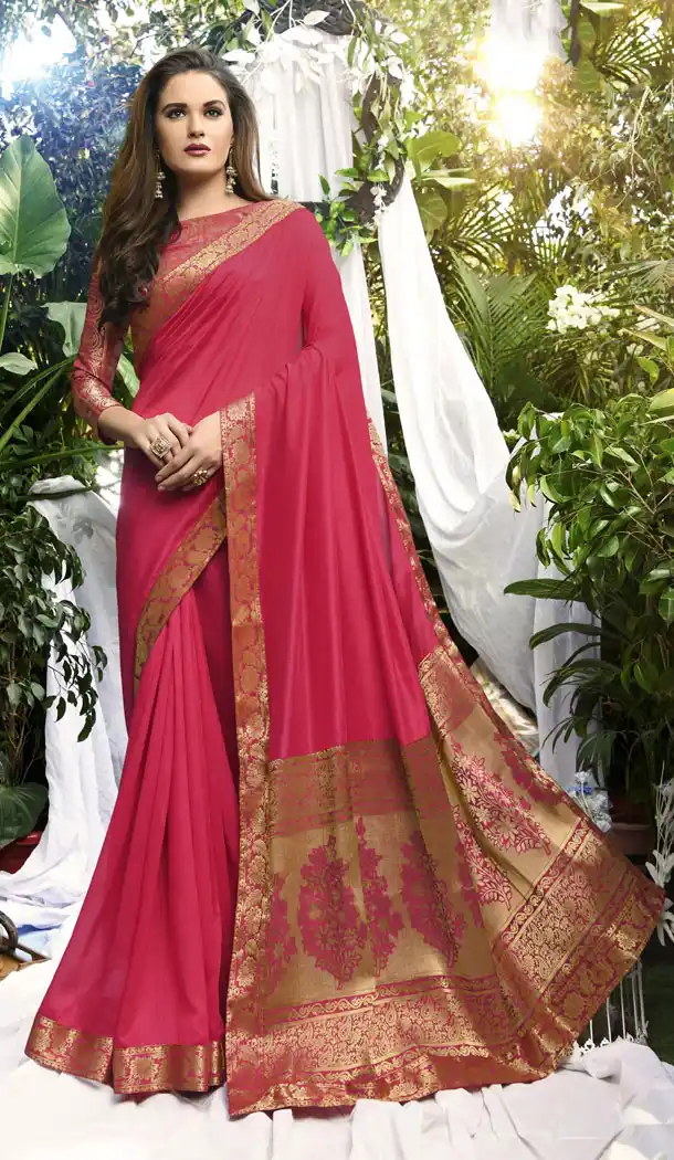 Cerise Color Vichitra Silk Casual Party Wear Sarees With Blouse - 451355225