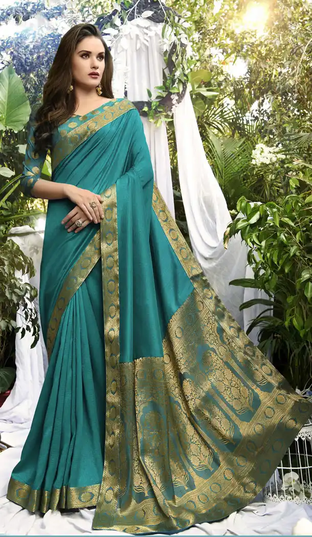 Rama Green Color Vichitra Silk Casual Party Wear Sarees With Blouse - 451355226