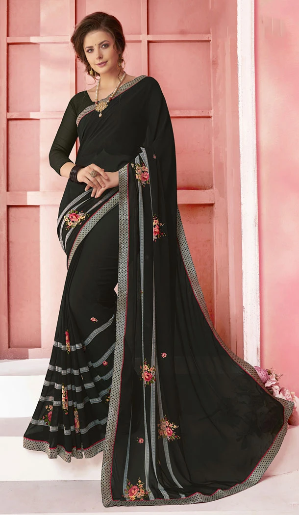 Black Color Major Georgette Fancy Printed Saree - 452255449
