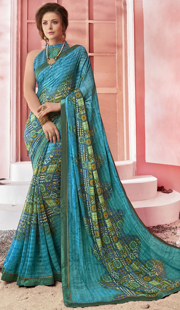 Ethnic Pale Blue Color Major Georgette Fancy Printed Saree - 452255452
