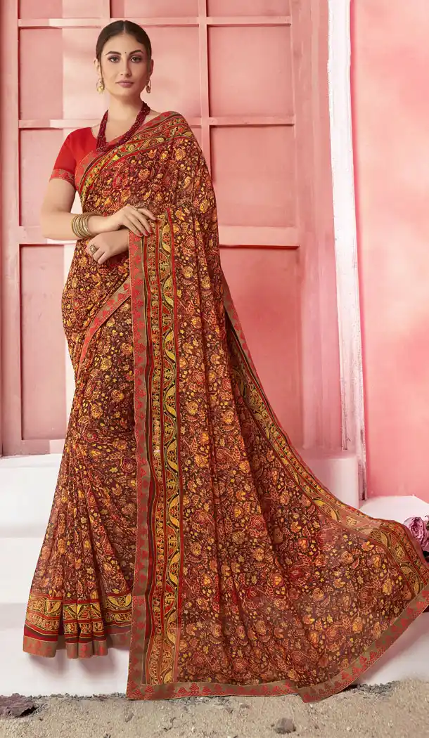 Attractive Brown Color Major Georgette Fancy Printed Saree - 452255453
