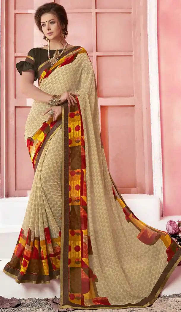 Beige Color Major Georgette Fancy Printed Saree - 452255455