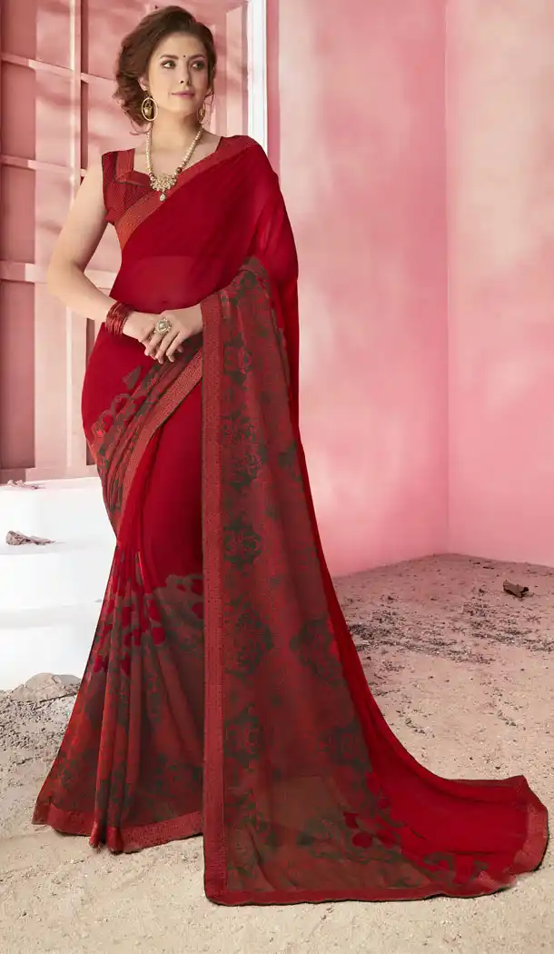 Red Color Major Georgette Fancy Printed Saree - 452255456