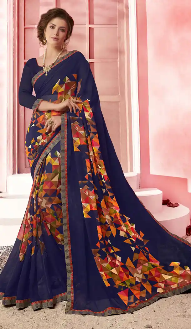 Navy Blue Color Major Georgette Fancy Printed Saree - 452255457