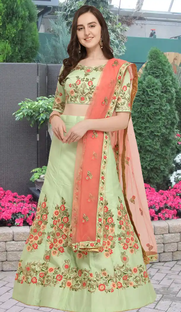Pista Color Silk Party Wear Girl Lehenga Choli - 448654826