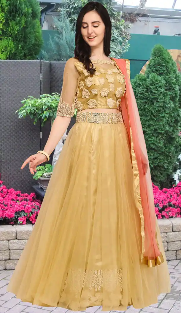 Golden Color Net Party Wear Girl Lehenga Choli - 448654847