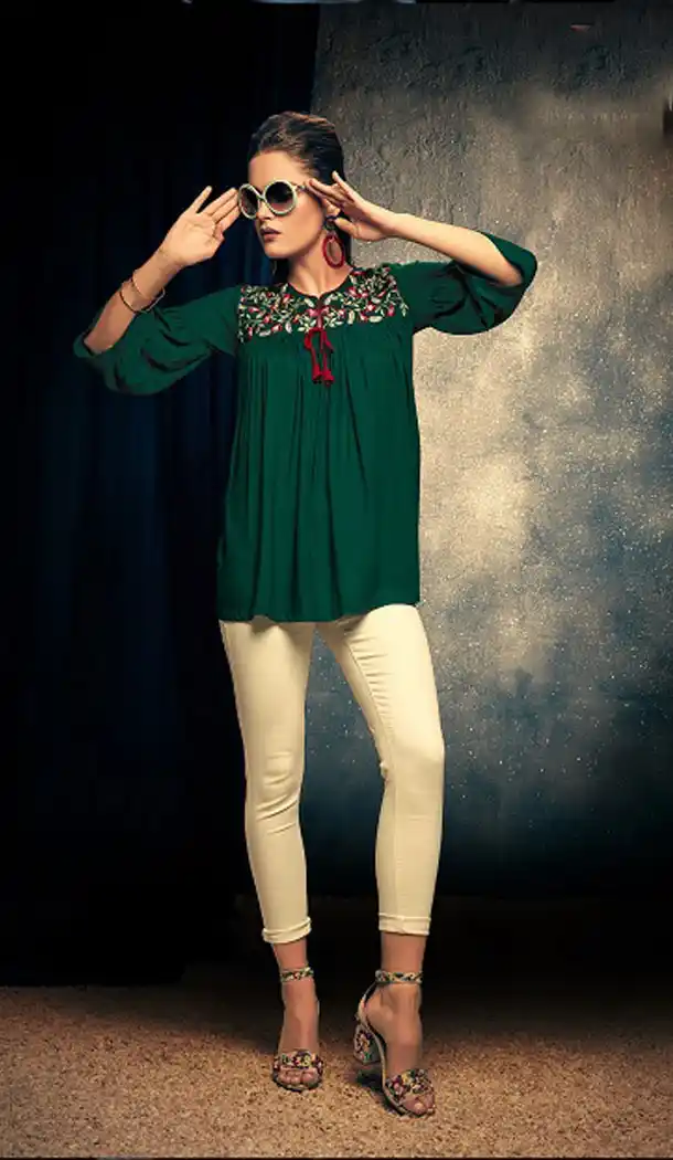 Green Color Rayon Fancy Casual Wear Readymade Short Top - 445454533