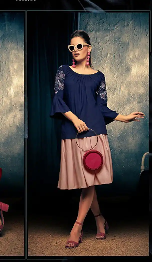 Navy Blue Color Rayon Fancy Casual Wear Readymade Short Top - 445454534