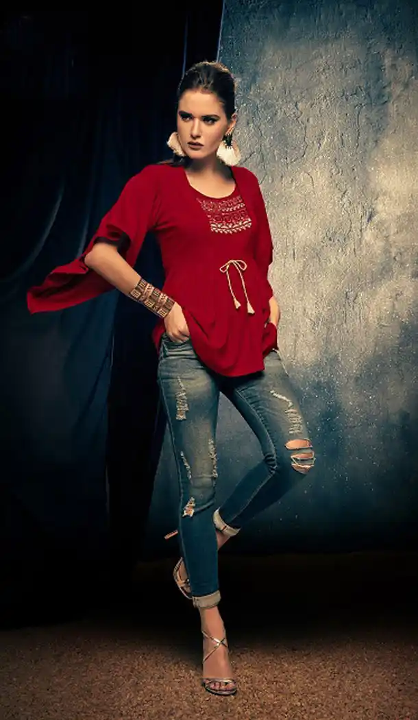 Red Color Rayon Fancy Casual Wear Readymade Short Top - 445454535