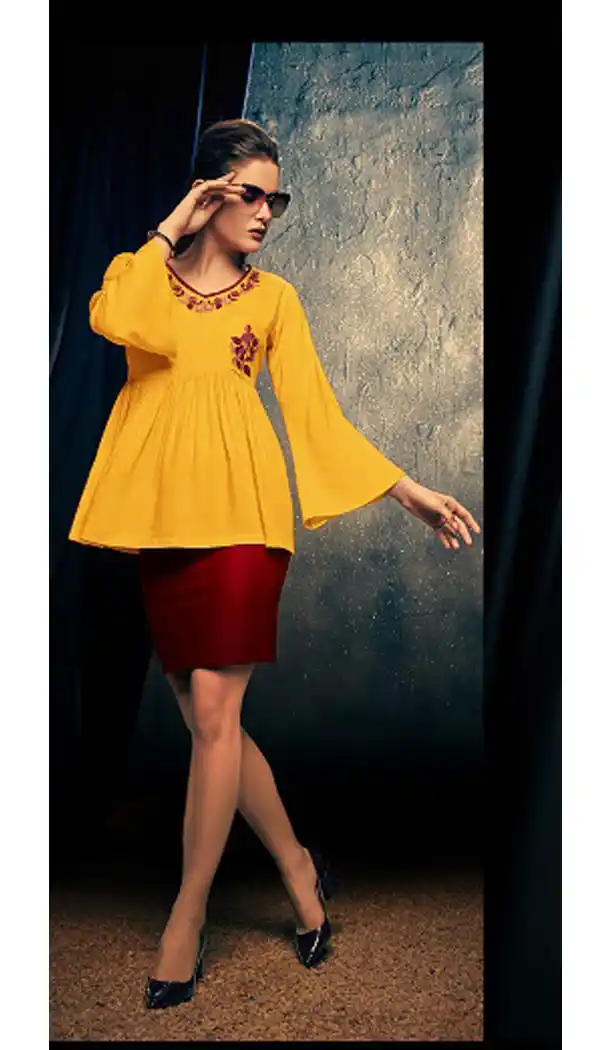 Yellow Color Rayon Fancy Casual Wear Readymade Short Top - 445454536