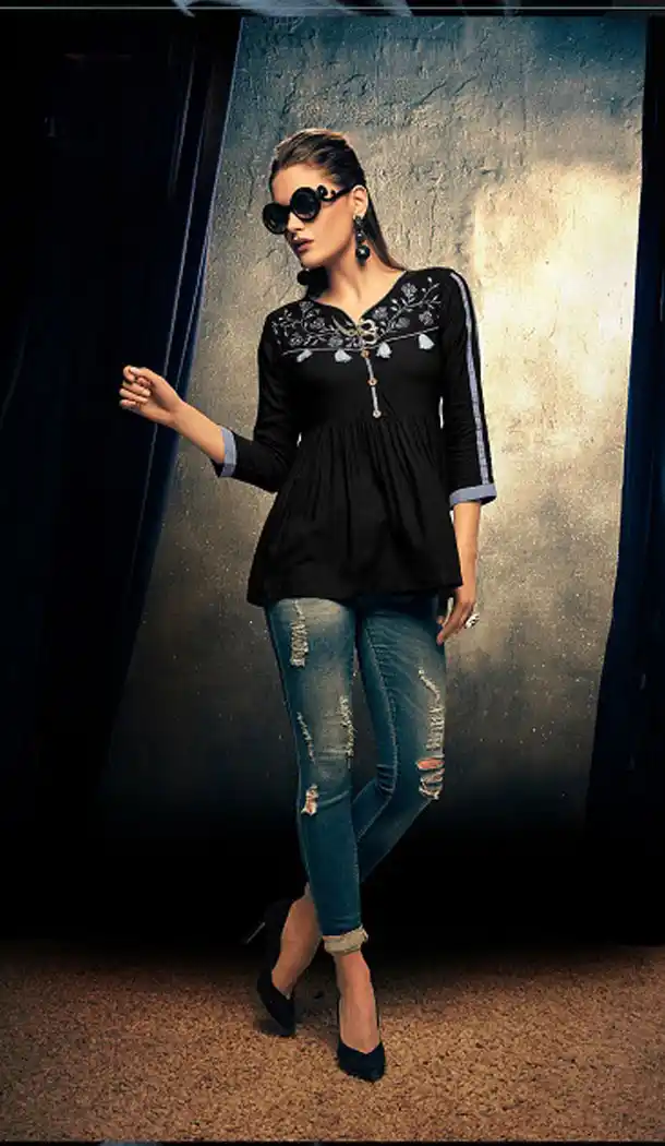 Black Color Rayon Fancy Casual Wear Readymade Short Top - 445454537