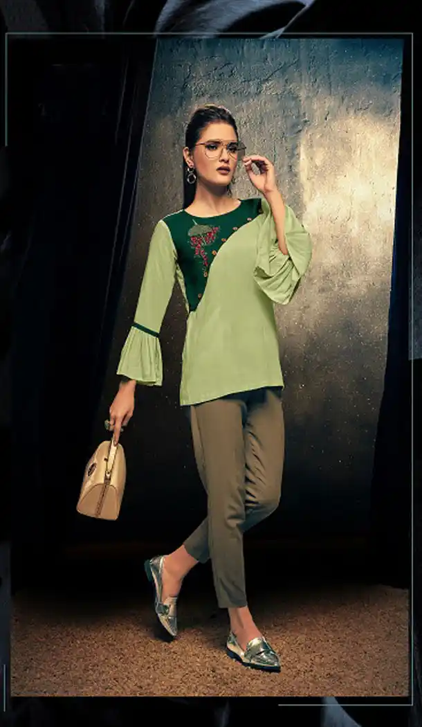 Olive Color Rayon Fancy Casual Wear Readymade Short Top - 445454538