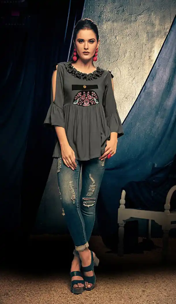 Grey Color Rayon Fancy Casual Wear Readymade Short Top - 445454539
