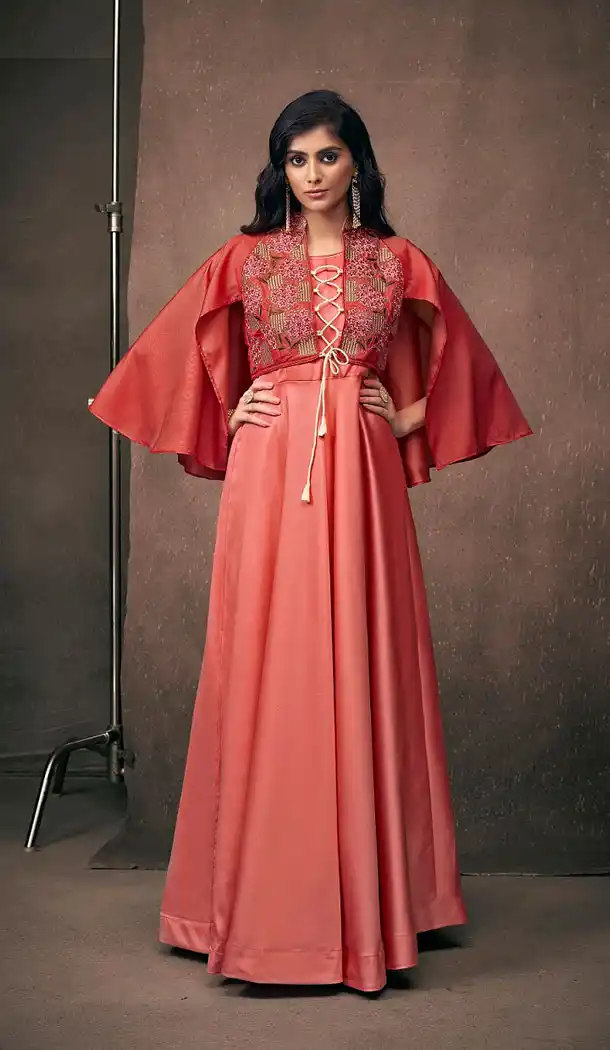 Red Color Triva Satin Silk Eid Festive Wear Readymade Gown - 448955004