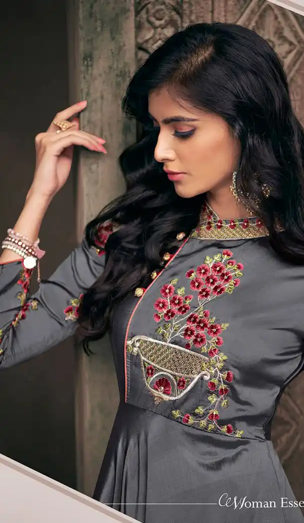 Grey Color Triva Satin Silk Eid Festive Wear Readymade Gown - 448955005