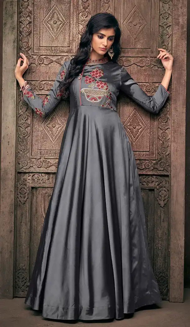 Grey Color Triva Satin Silk Eid Festive Wear Readymade Gown - 448955005