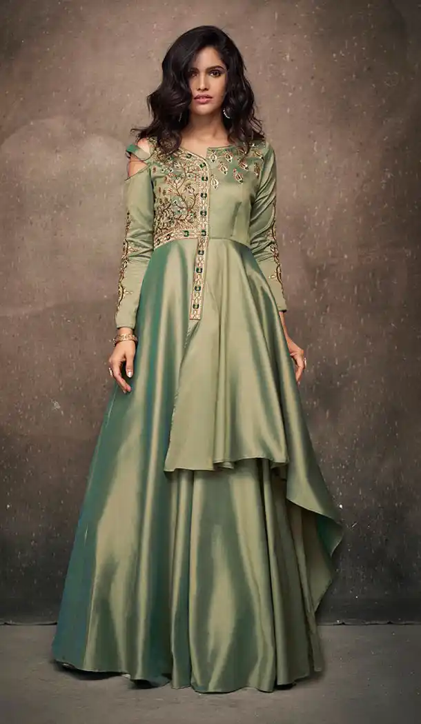 Two Tone Green Color Triva Satin Silk Eid Festive Wear Readymade Gown