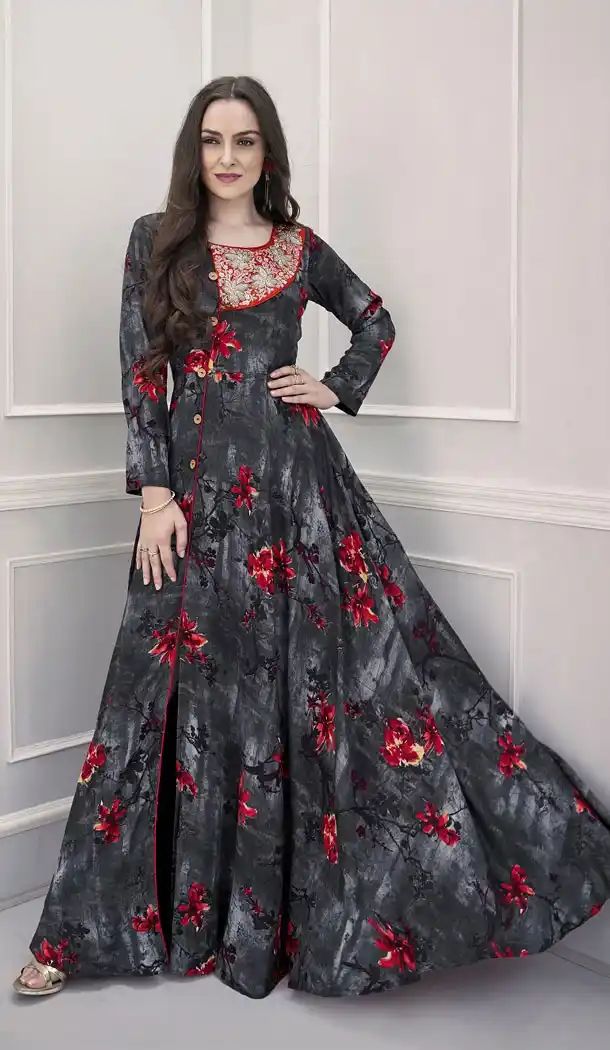 Dark Grey Color Heavy Rayon Party Wear Readymade Gown - 450255133