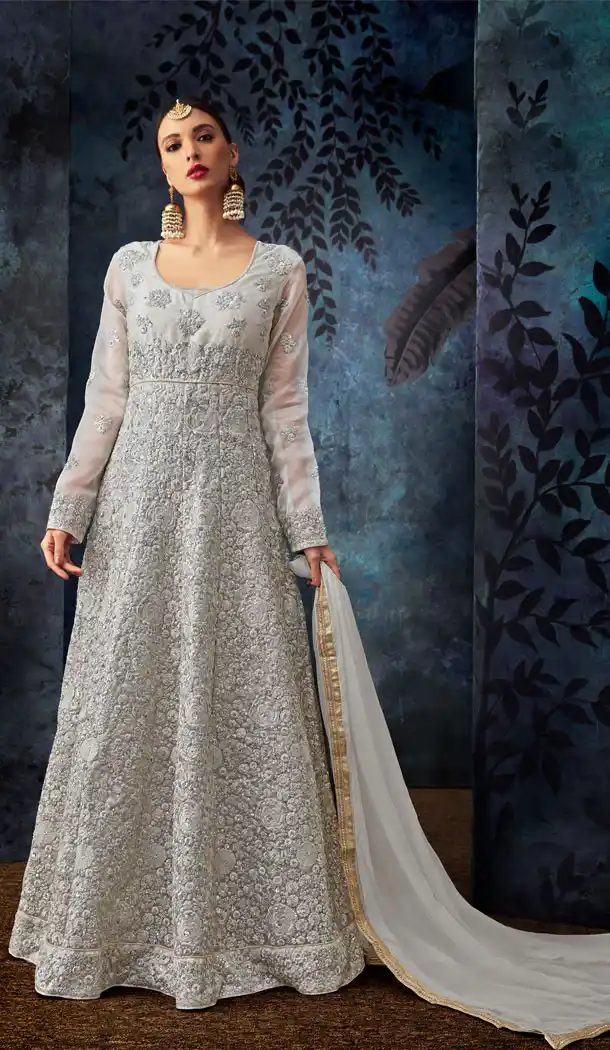 Silver Color Organza Silk Eid Pakistani Anarkali Salwar Kameez - 453155577