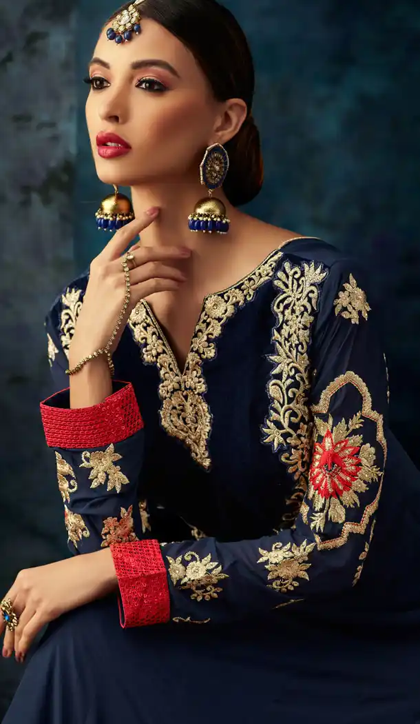 Navy Blue Color Georgette Eid Pakistani Anarkali Salwar Kameez - 453155578
