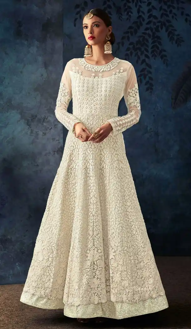 Cream Color Butterfly Net Eid Pakistani Anarkali Salwar Kameez - 453155579