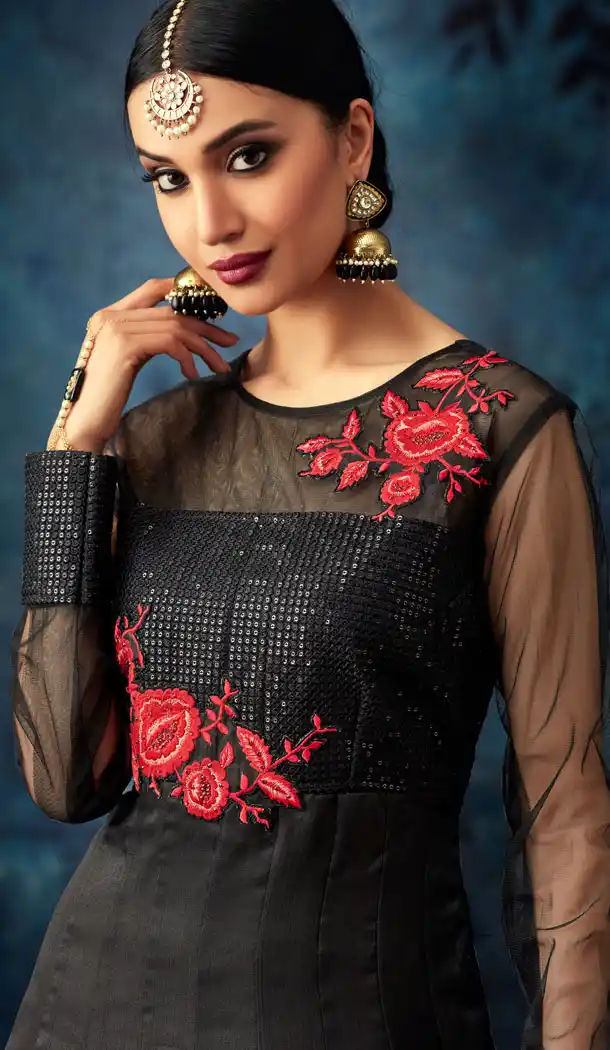 Black Color Organza Silk Eid Pakistani Anarkali Salwar Kameez - 453155581