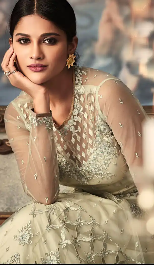 Off White Color Net Eid Special Pakistani Knee Length Salwar Kameez - 454855807