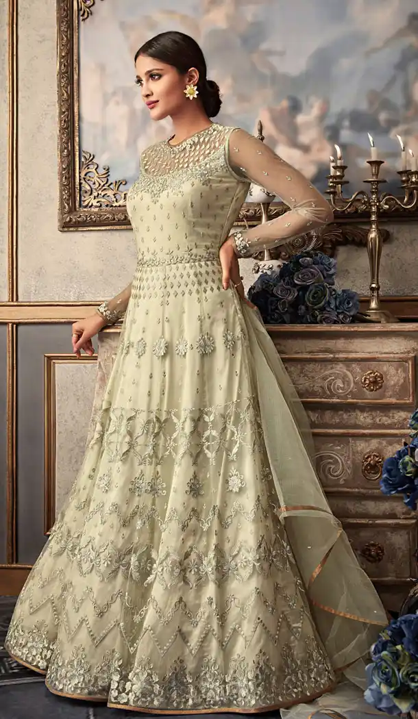 Off White Color Net Eid Special Pakistani Knee Length Salwar Kameez - 454855807