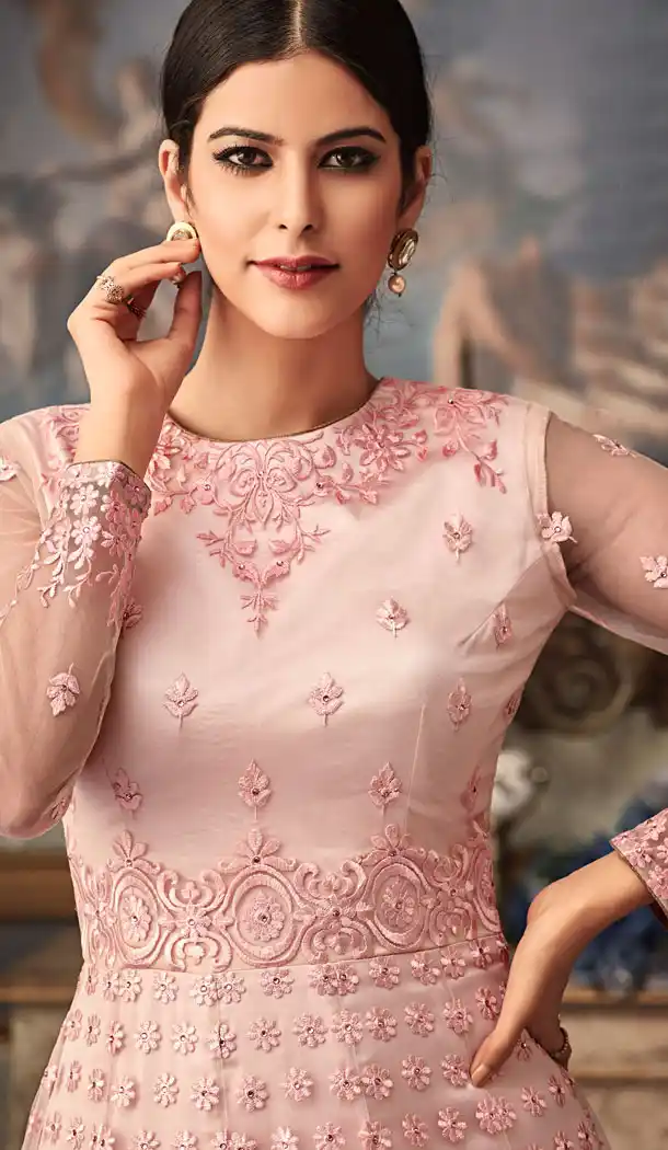 Light Pink Color Net Eid Special Pakistani Knee Length Salwar Kameez - 454855809
