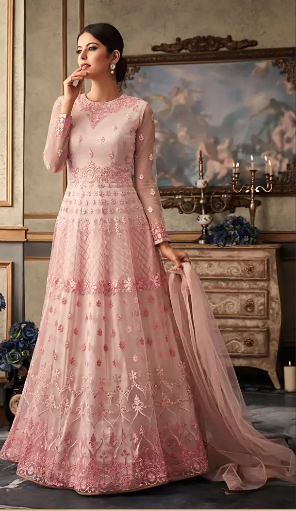 Light Pink Color Net Eid Special Pakistani Knee Length Salwar Kameez - 454855809