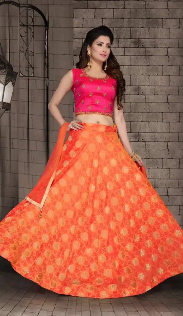 Orange Color Brocade Party Wear Fully Stitched Lehenga Choli - 456055969