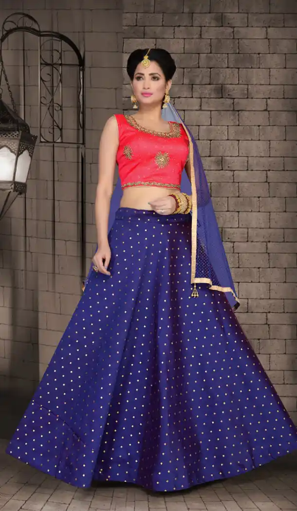 Navy Blue Color Brocade Party Wear Fully Stitched Lehenga Choli - 456055976