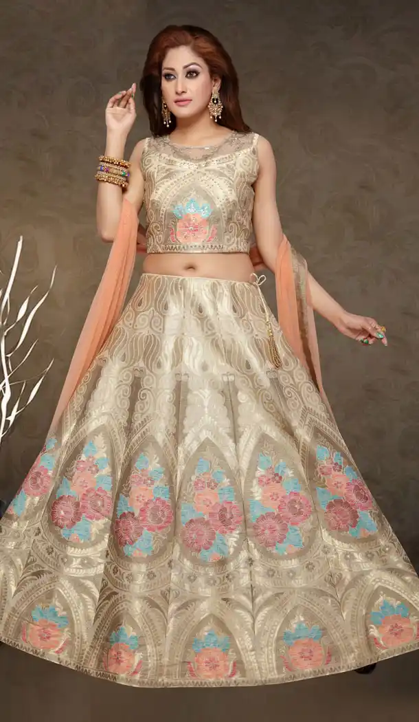 Beige Color Brocade Party Wear Fully Stitched Lehenga Choli - 456055979