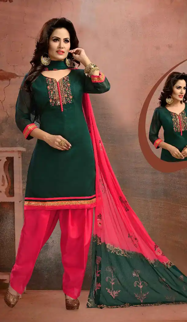 Green Color Chanderi Silk Party Wear Readymade Salwar Kameez - 455855917