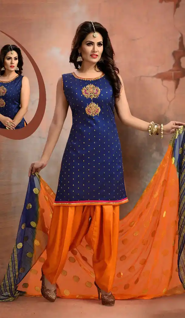 Navy Blue Color Chanderi Silk Party Wear Readymade Salwar Kameez - 455855921