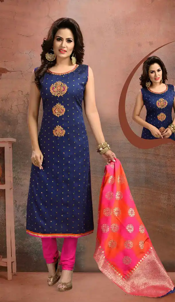 Navy Blue Color Chanderi Silk Party Wear Readymade Salwar Kameez
