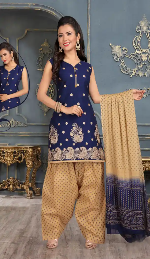 Navy Blue Color Cotton Party Wear Readymade Salwar Kameez - 455855930