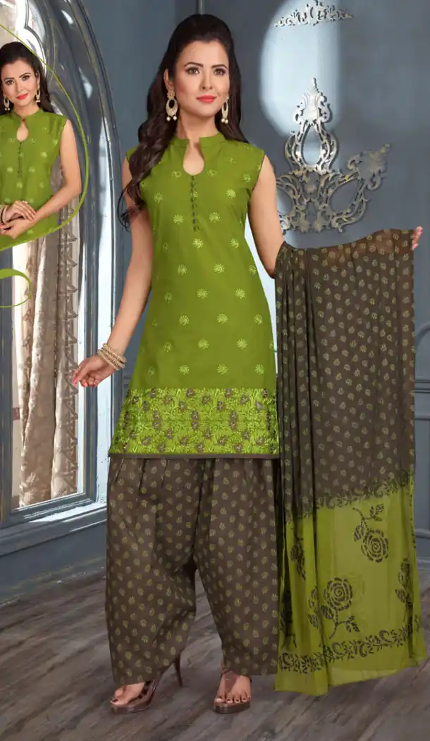 Mehendi Green Color Cotton Party Wear Readymade Salwar Kameez - 455855932