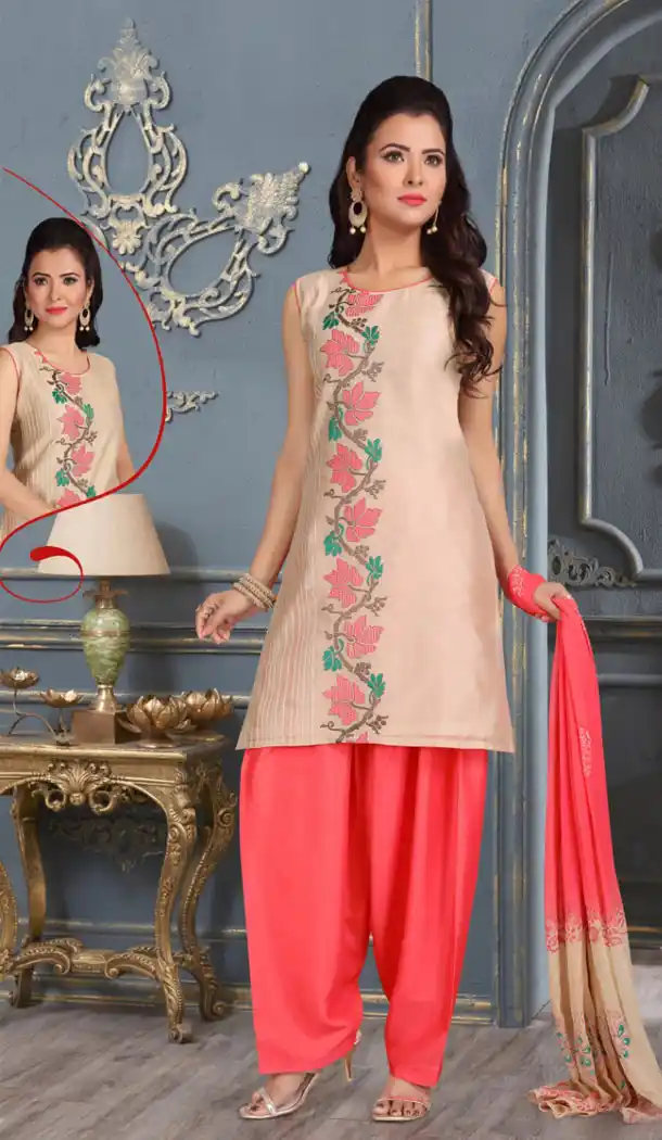 Cream Beige Color Chanderi Silk Party Wear Readymade Salwar Kameez - 455855943