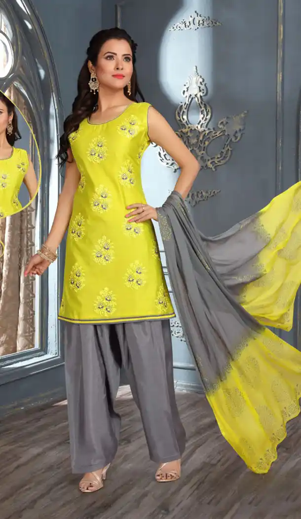 Yellow Grreen Color Chanderi Silk Party Wear Readymade Salwar Kameez - 455855944