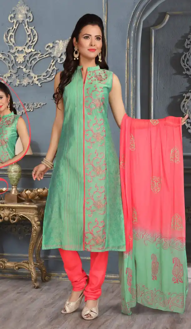 Green Color Chanderi Silk Party Wear Readymade Salwar Kameez - 455855949
