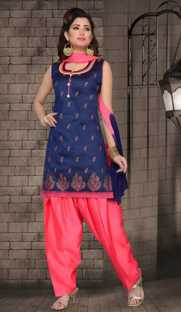Navy Blue Color Chanderi Silk Party Wear Readymade Salwar Kameez - 455855957