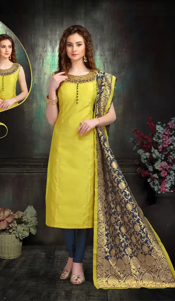 Olive Color Chanderi Silk Party Wear Readymade Salwar Kameez - 455855958