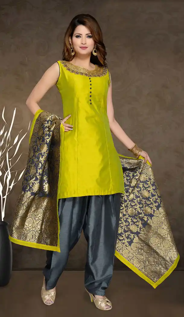 Olive Color Chanderi Silk Party Wear Readymade Salwar Kameez - 455855959