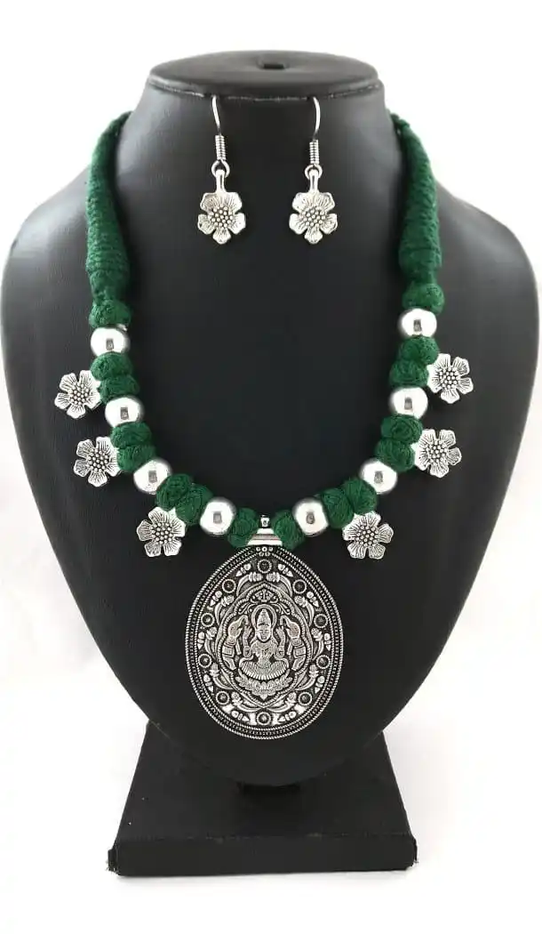 Creative Oxidized German Silver Thread Neck Less Set With Earring - 454155717