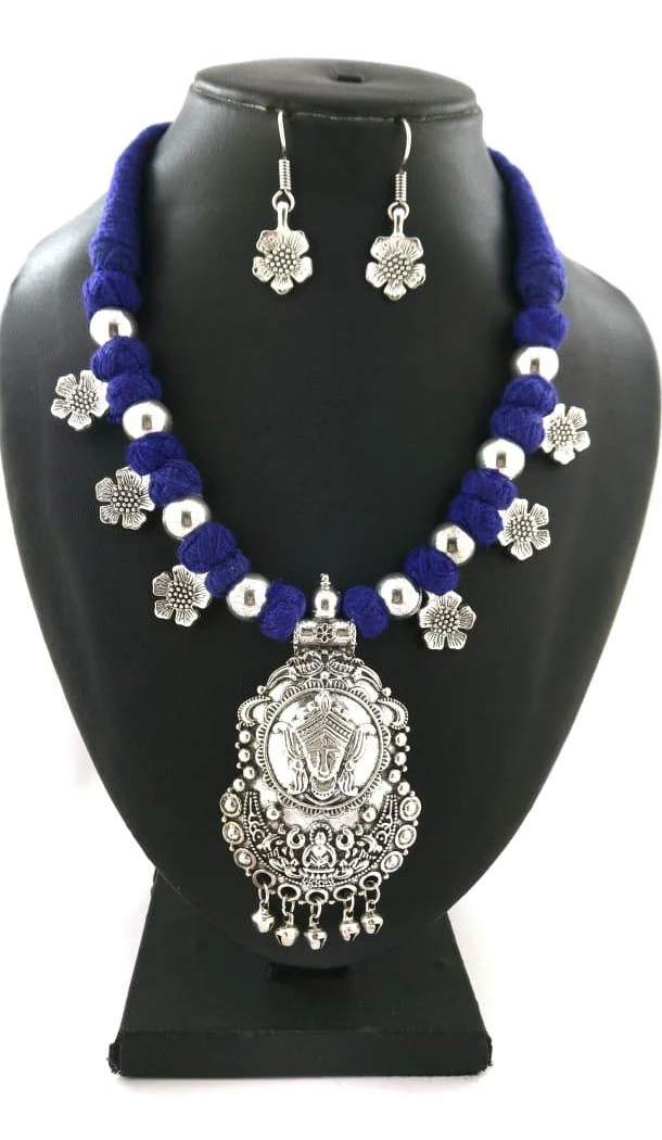 Amazing Oxidized German Silver Thread Neck Less Set With Earring - 454155718