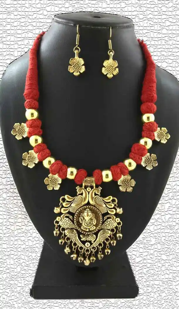 Women Oxidized German Silver Thread Neck Less Set With Earring - 454155720