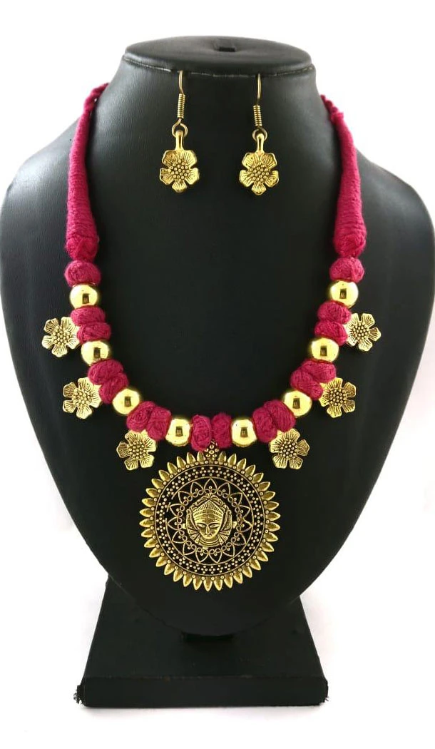 Eye-catching Oxidized German Silver Thread Neck Less Set With Earring - 454155726