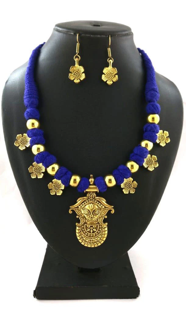Nice-looking Oxidized German Silver Thread Neck Less Set With Earring - 454155728
